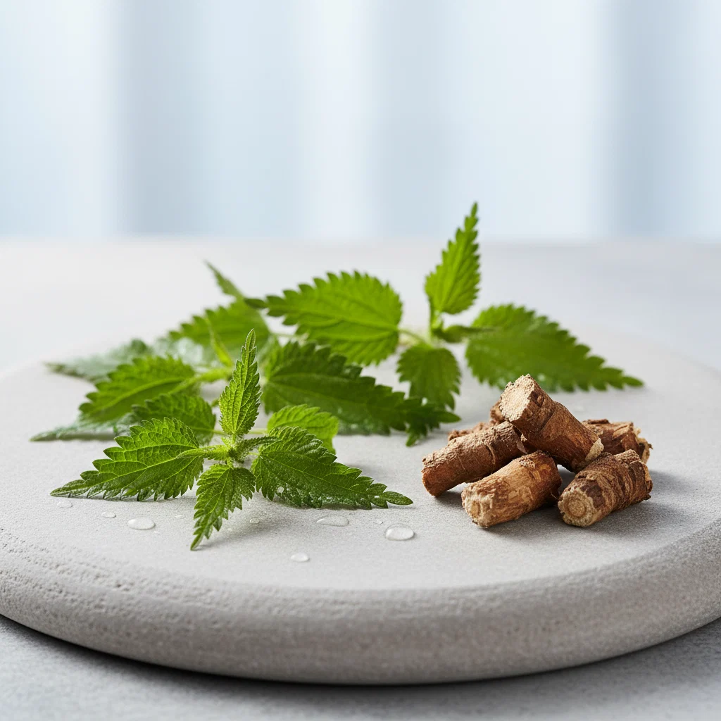 Verse brandnetelbladen en gedroogde brandnetelwortel op steen - brandnetelwortel supplement