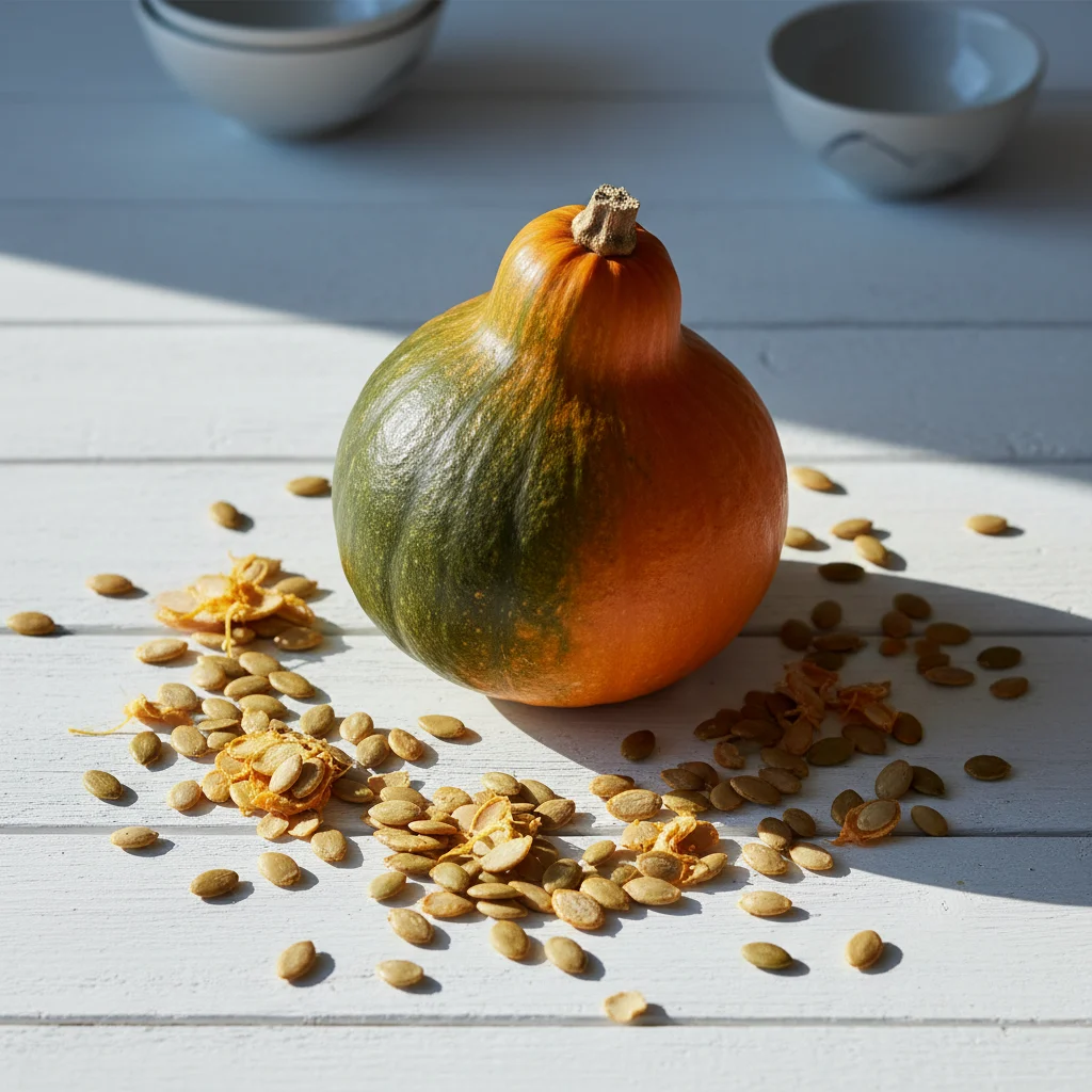 Verse pompoenzaden en een pompoen op een witte ondergrond - pompoenzaad supplement ingredient